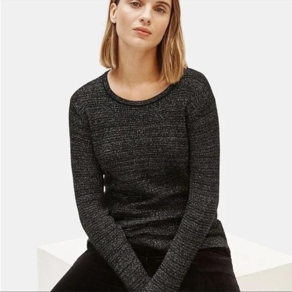 Eileen Fisher Sweater SP Merino Sparkle Black Metallic Knit Shimmer Wool Blend‎
